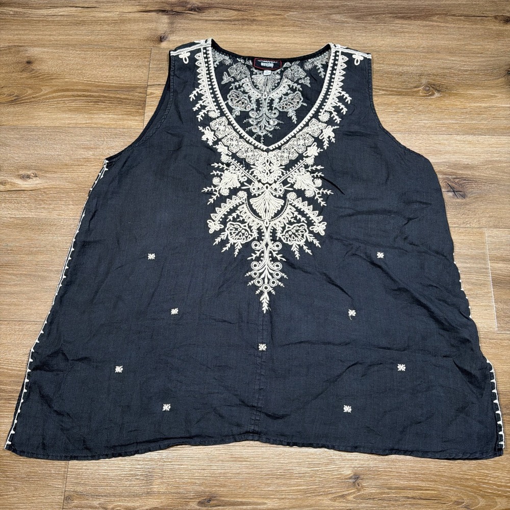 Johnny Was Tank Top XL Black Embroidered Sleeveless V-Neck Womens Ramie Boho